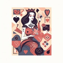 Queen of hearts painting drinking vine. Queen of hearts cards. Queen of hearts illustration. . 