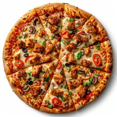  Chicken Supreme pizza isolated on cutting board top view on dark background italian fast food