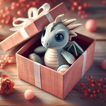 Dragon soft toy in a gift box, a cute reptile gift for a birthday, valentine or party