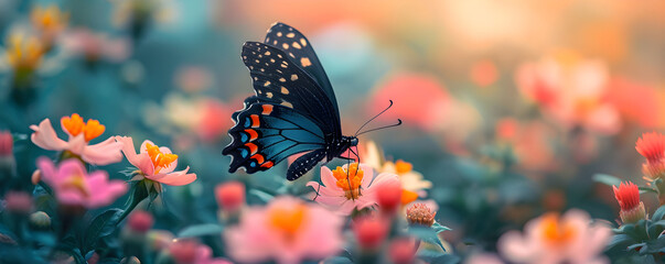 Close up butterfly on flower on blurred floral background with copy space. Blooming spring meadow with wild flowers and black butterfly. Сoncept of nature wildlife for a banner, poster, postcard - obrazy, fototapety, plakaty