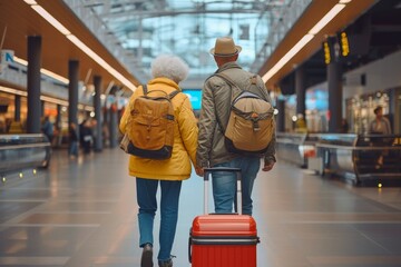 Amidst the bustling city street, a couple with their backpacks and suitcases in tow, dressed in casual jeans and jackets, stands on the clean indoor airport floor, eagerly awaiting their train to tak - obrazy, fototapety, plakaty