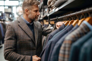 A sharply dressed man pauses in front of a display of jackets, contemplating which one will elevate his already sophisticated style - obrazy, fototapety, plakaty
