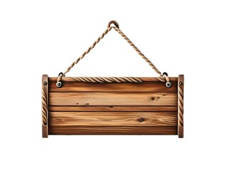 Brown color combination wooden type signboard, it's hanging on triangle ropes, white background. Generative AI
