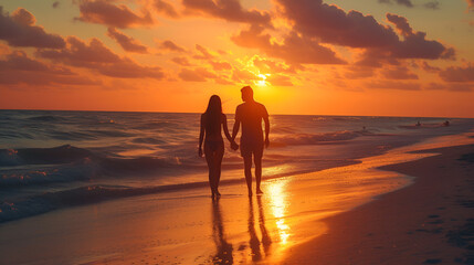 Silhouette of romantic couple on sunset beach tropic, generative ai - obrazy, fototapety, plakaty
