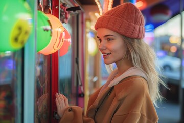A stylish woman stands on a bustling street, her hair peeking out from under a warm beanie as she gazes at a futuristic machine in her hand, embodying the perfect blend of fashion and technology