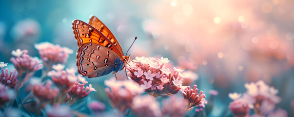 Close up butterfly on flower on blurred floral background with copy space. Blooming spring meadow...