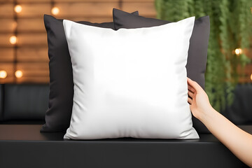 Girl is holding white Pillow in hands, Pillow mockup template