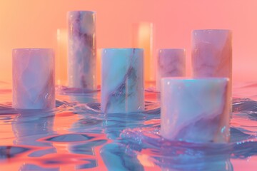 marble cylinders against pastel background, sitting in iridescent chromatic liquid