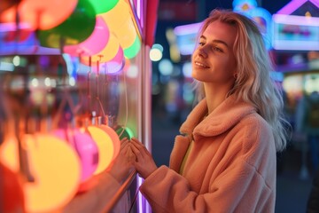 A stylish woman gazes in awe at a vibrant street display, her face illuminated by the colorful lights as she holds onto her clothing, captivated by the scene before her