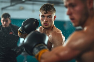 A barechested man with bulging muscles and a determined look on his human face prepares for a fierce bout in the intense world of combat sports, his boxing gloves gleaming in the spotlight
