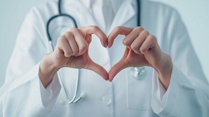 Close-up female doctor making heart shape by hand on white backgroun, Medicine, people, charity, health care and cardiology concept, generative ai 