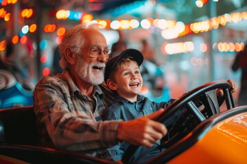An unlikely duo, the wrinkled face of an old man and the beaming smile of a young boy, sit side by side in a vintage car, navigating the bustling streets with joy and a sense of adventure - obrazy, fototapety, plakaty