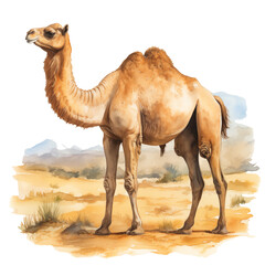 full body Camel watercolor illustration png isolated on a transparent background, desert animals clipart 