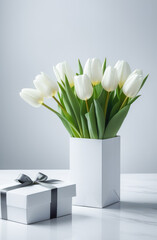 White tulips next to a white gift box on a white table. Women's day, mother's day. - obrazy, fototapety, plakaty