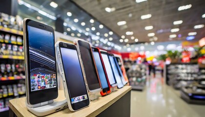 Modern type of cell phones in store with blur background