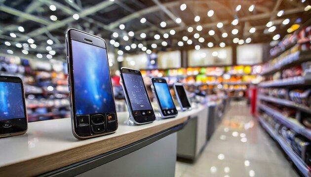 Modern type of cell phones in store with blur background