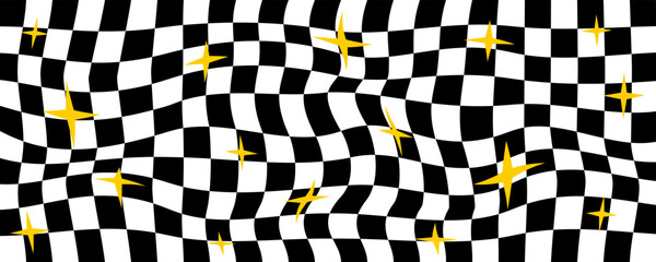 Psychedelic illusion black and white checkerboard with stars background