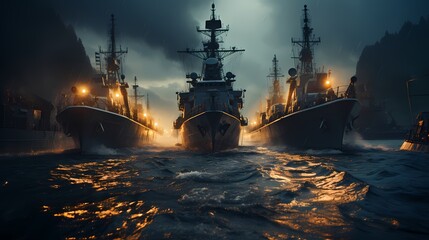 Naval fleet conducting a synchronized maneuver in open waters - obrazy, fototapety, plakaty