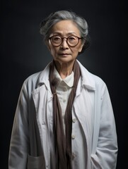 Obraz premium adult, old, gray-haired Asian woman student scientist or doctor, wearing a white gown. science and study. one person