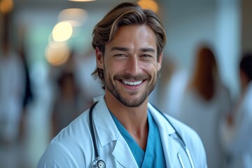 Smiling doctor is happy at the hospital. Generative AI