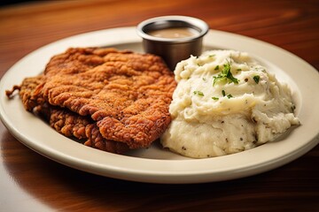 Close-up view of a delicious chicken fried steak with a side of mashed potatoes,  shot to highlight the savory details 