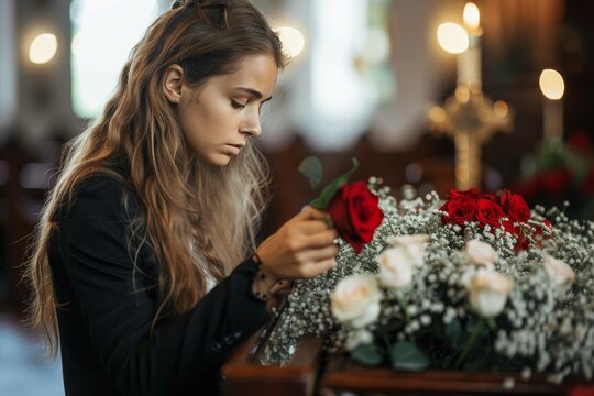 A woman delicately arranges a bouquet of vibrant red roses by candlelight, her face illuminated with a serene expression, showcasing the beauty and artistry of floristry