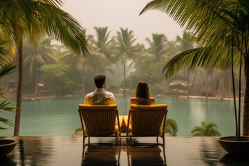 couple sitting at pool with sunbathing sunset sunrising - obrazy, fototapety, plakaty