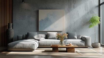 A minimalist living room with a sleek sofa, a coffee table adorned with fresh flowers, and abstract artwork adorning the walls, creating a serene and inviting space. - obrazy, fototapety, plakaty