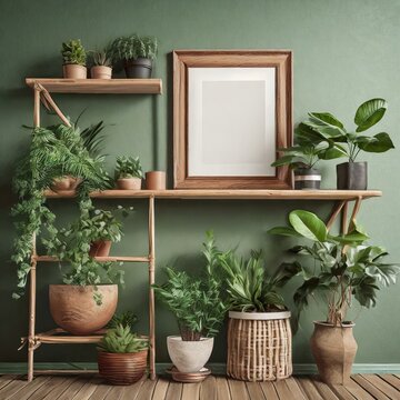 plant in a room.a chic digital illustration of a Scandinavian room interior featuring a brown bamboo shelf adorned with a mock-up photo frame and an array of beautiful plants in hipster and design pot