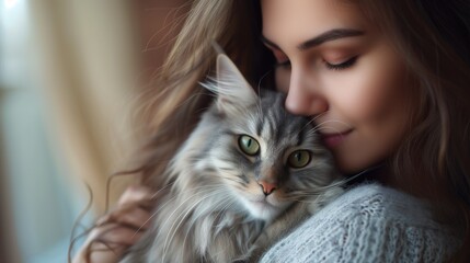 Young woman holding cute cat, Female hugging her cute long hair kitty, copy space, close up, Adorable pet concept, generative ai