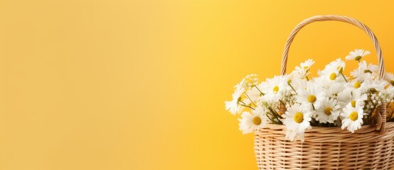 Obraz na płótnie Canvas Sunshine and Daisies: White Flowers in Wicker Basket on Yellow - Generative AI