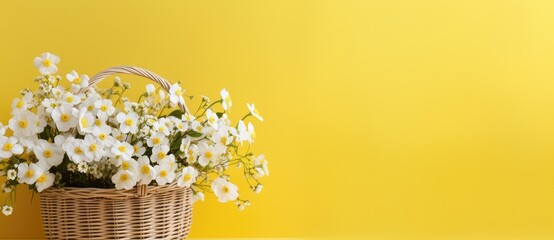 Sunshine and Daisies: White Flowers in Wicker Basket on Yellow - Generative AI
