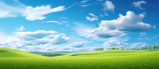 Fototapeta na wymiar Endless Green Fields: A Serene and Vibrant Landscape Under the Blue Sky - Generative AI