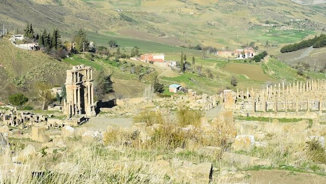 High-angle footage of the ancient Roman town of Djemila. Setif, Algeria. UNESCO World Heritage Site.