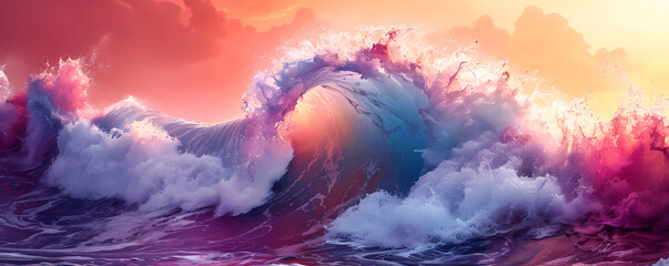 psychedelic wave in the stormy ocean in the sunset - obrazy, fototapety, plakaty