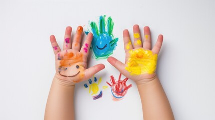 Child's hands painted watercolor on white background, generative ai