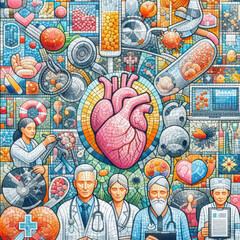 Obraz premium Explore the intricate stages of cancer treatment through a captivating mosaic artwork. From diagnosis to recovery, witness the collaborative efforts of medical professionals, researchers, and resilien
