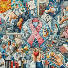 Explore the intricate stages of cancer treatment through a captivating mosaic artwork. From diagnosis to recovery, witness the collaborative efforts of medical professionals, researchers, and resilien