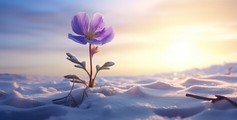 Fototapeta na wymiar Solitary Bloom in Snow: A Testament to Nature's Resilience at Sunset - Generative AI