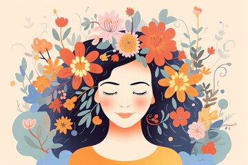 Floral Serenity: A Woman Embraced by Nature's Beauty in Pastel Illustration - Generative AI