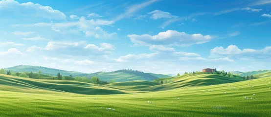 Schilderijen op glas Endless Green Fields: A Serene and Vibrant Landscape Under the Blue Sky - Generative AI © Gelpi