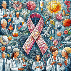 Explore the intricate stages of cancer treatment through a captivating mosaic artwork. From diagnosis to recovery, witness the collaborative efforts of medical professionals, researchers, and resilien