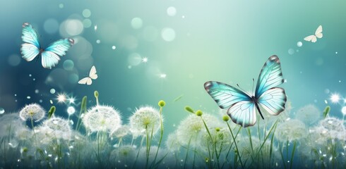 Fototapeta na wymiar Enchanted Meadow: Blue Butterflies and Dandelions in a Dance of Spring - Generative AI
