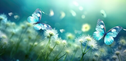Fototapeta na wymiar Enchanted Meadow: Blue Butterflies and Dandelions in a Dance of Spring - Generative AI