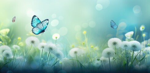 Fototapeta premium Enchanted Meadow: Blue Butterflies and Dandelions in a Dance of Spring - Generative AI