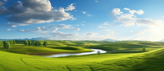 Obraz premium Endless Green Fields: A Serene and Vibrant Landscape Under the Blue Sky - Generative AI