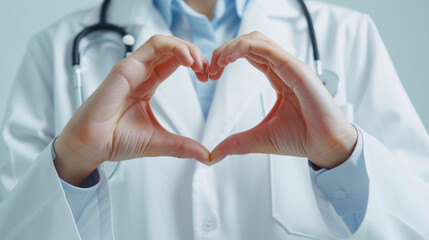 Close-up female doctor making heart shape by hand on white background, Medicine, people, charity, health care and cardiology concept, generative ai