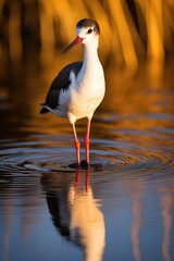 Graceful Stilt Wading in Water at Sunset, Serenity in Wildlife - Generative AI