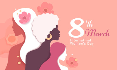 International Women's Day. Vector illustration in a modern minimalist style of three female silhouettes with flowers. Pink pastel color palette. Place for your text.