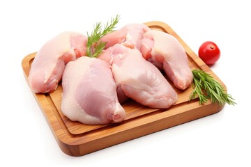 Fresh Raw Chicken Breasts with Herbs and Tomatoes on Wooden Board - Generative AI